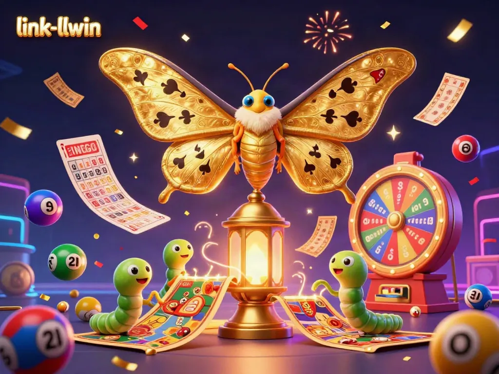 Link-llwin showcases a vibrant 3D casino scene with a magical moth, lottery elements, and lively celebrations.