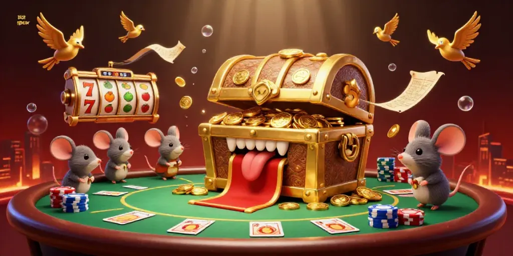 Menangkan jackpot slot gacor dengan simbol buah dan gulungan slot yang menarik di sekitar peti harta karun.