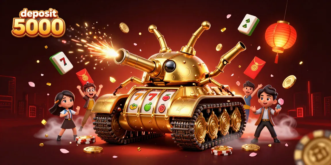 Experience casino excitement with deposit 5000 while enjoying floating slot reels and festive elements.