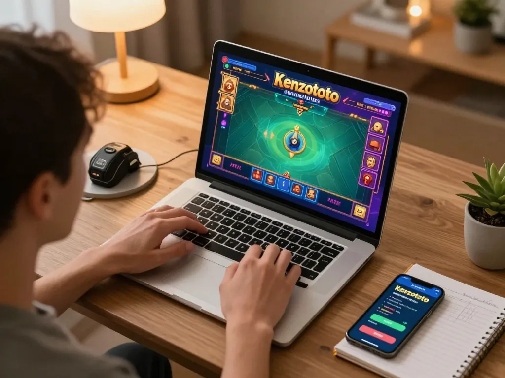 Berpartisipasi dalam Kenzototo dengan permainan kasino online yang berwarna-warni di komputer jinjing di rumah.