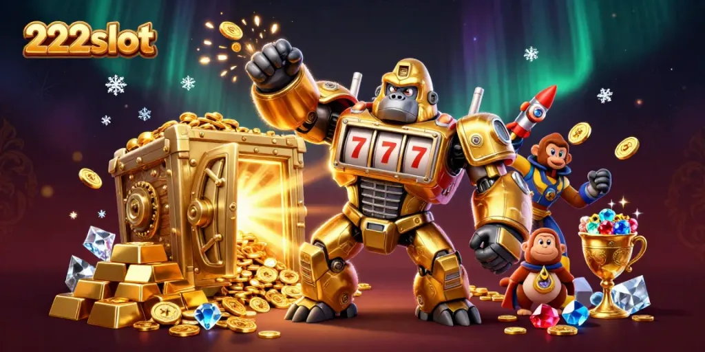 Menggandakan kemenangan di 222slot dengan gorila emas mecha yang penuh harta dan kemewahan.