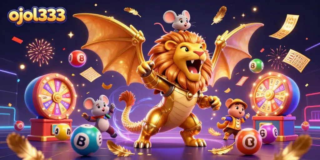 Engage with ojol333 through a vibrant 3D gambling scene featuring a chimera and lottery elements.