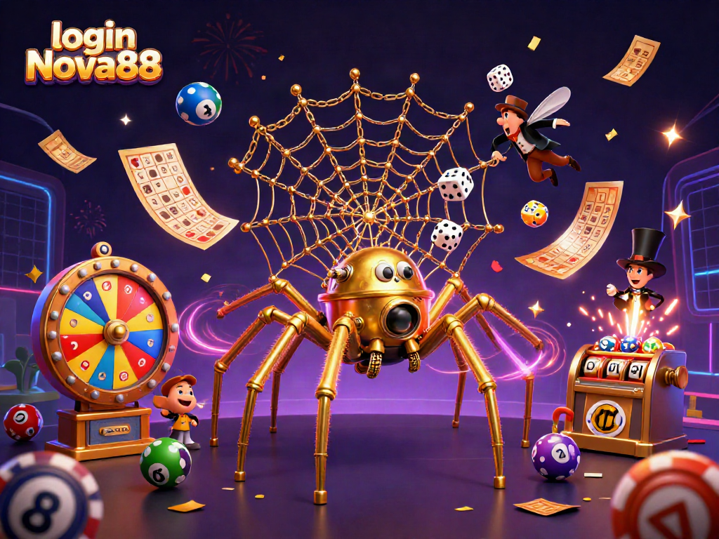 Engage with login Nova88 through a vibrant 3D casino illustration featuring unique game elements.