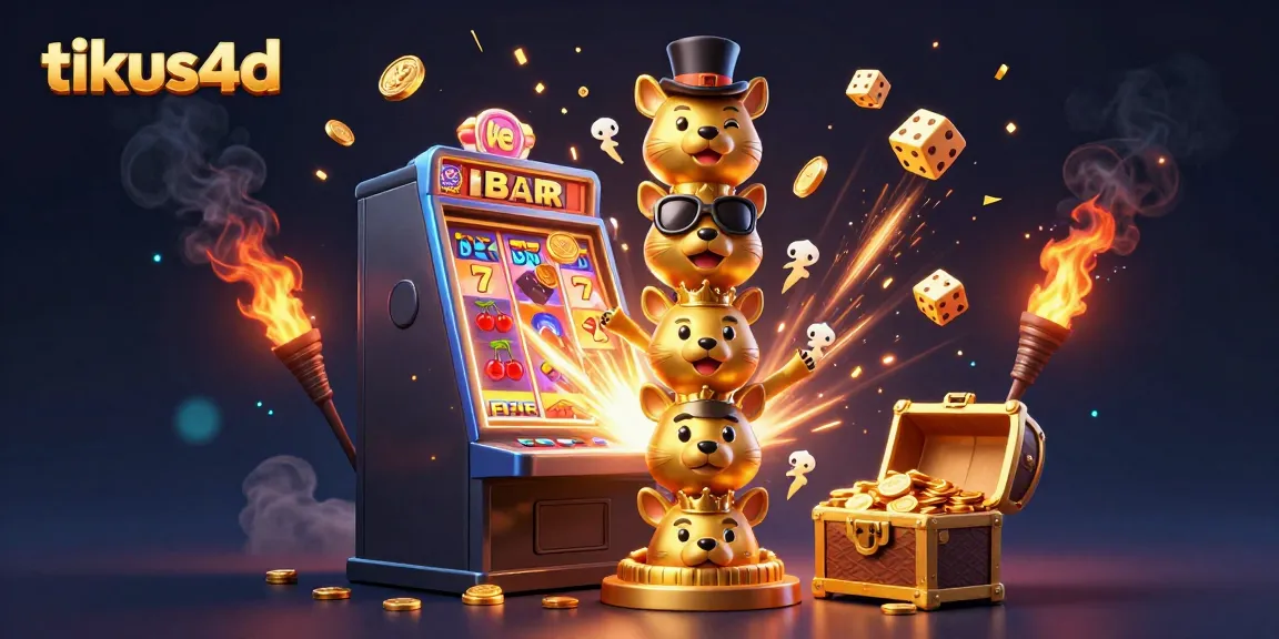 Tikus4d features entertaining miles of fun with a vibrant slot machine jackpot, golden totem pole, and colorful casino elements.