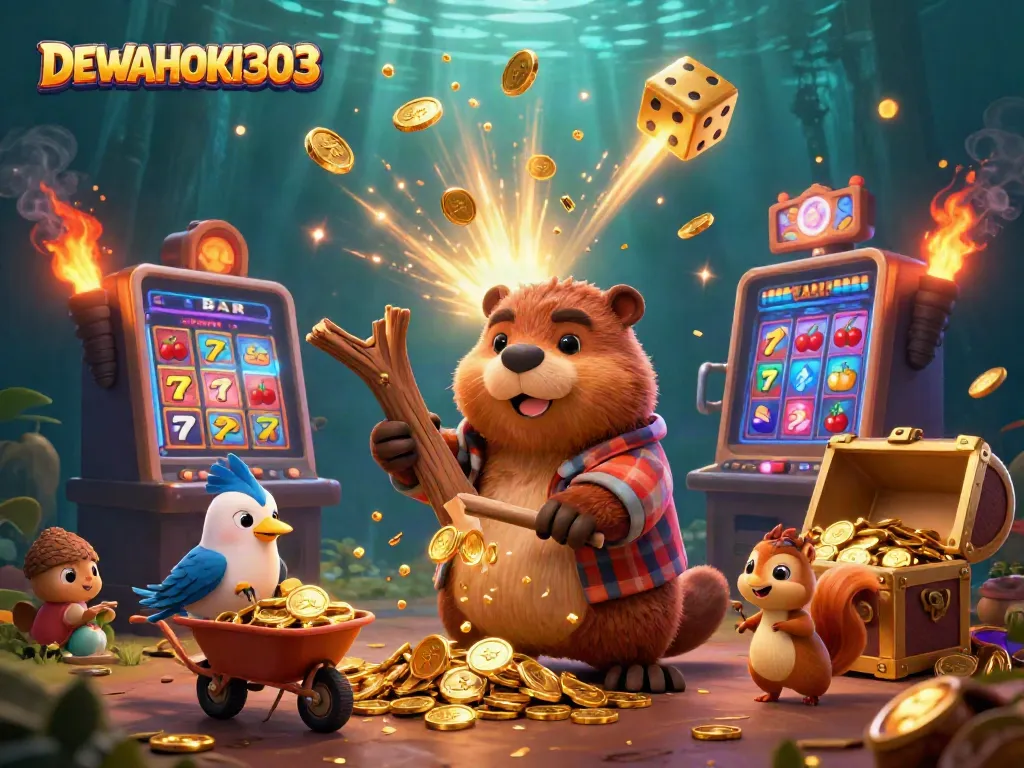 DEWAHOKI303 hadir dalam ilustrasi 3D kartun menampilkan beaver mengumpulkan koin jackpot di kasino.