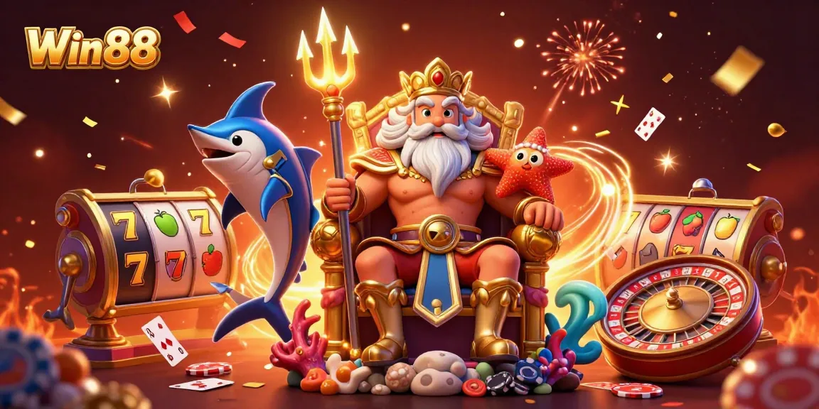 Win88 celebrates excitement with Neptune and vibrant casino elements in a lively 3D scene.