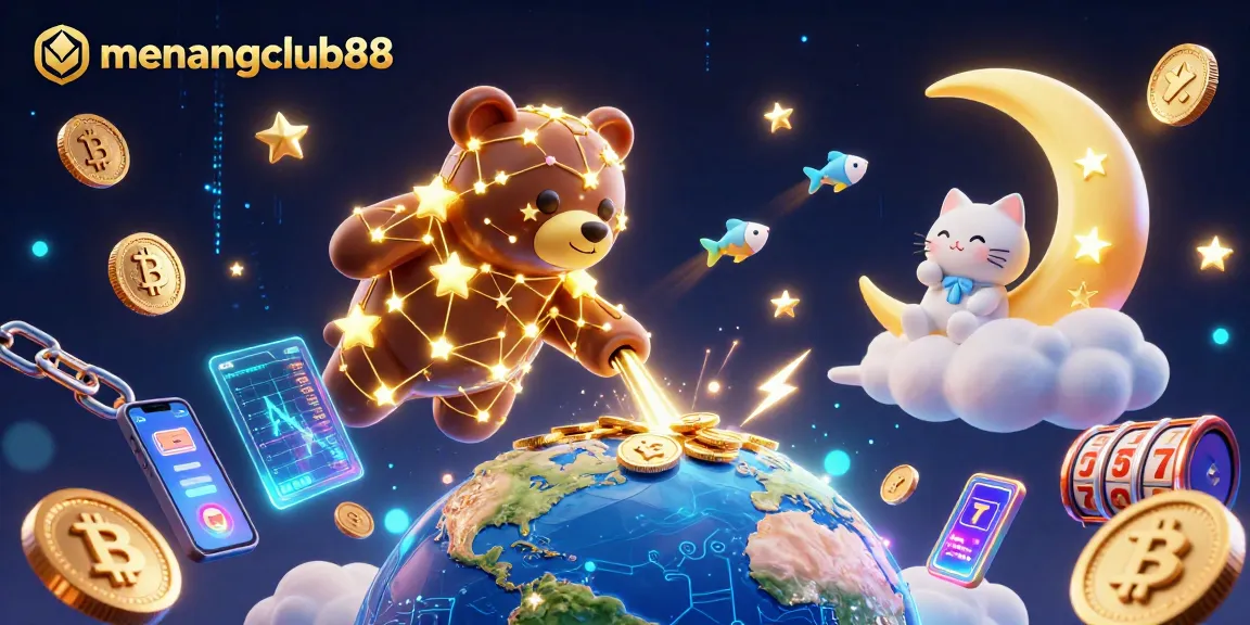 Engage with menangclub88 as a constellation bear scoops coins from Earth in a vibrant casino scene.