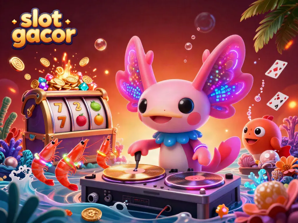 Experience excitement with slot gacor as the DJ spins vibrant reels and treasures float around in this lively 3D casino scene.