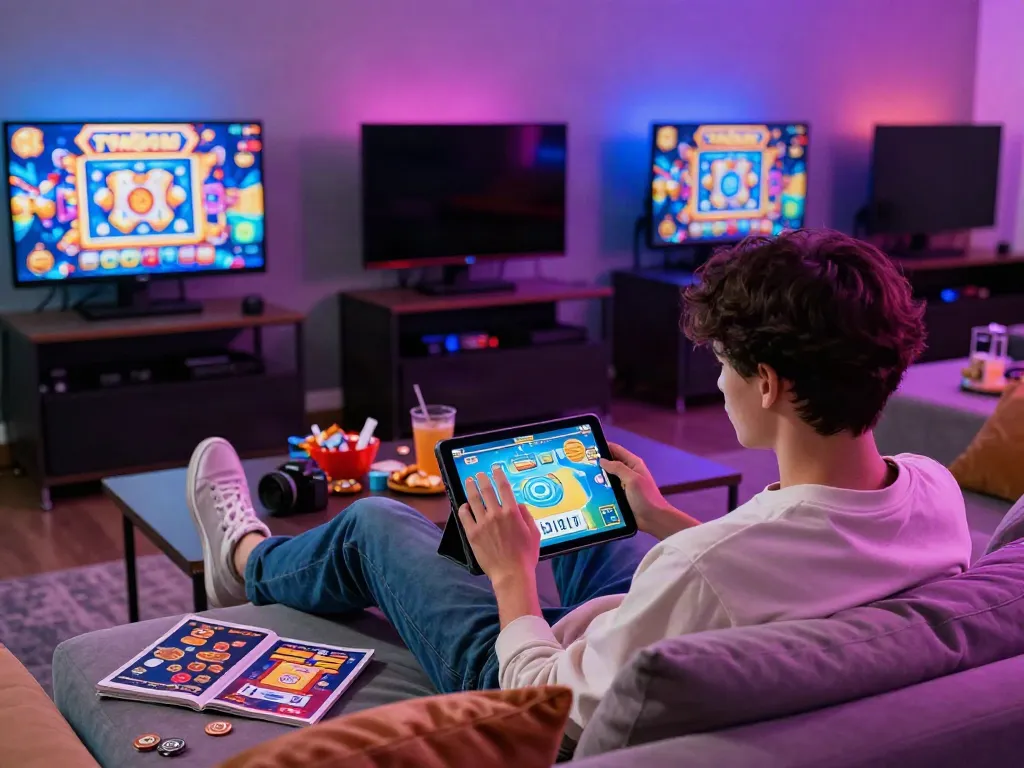 Permainan Mahjong118 online di ruang bermain modern dengan gamer berinteraksi dengan tablet.