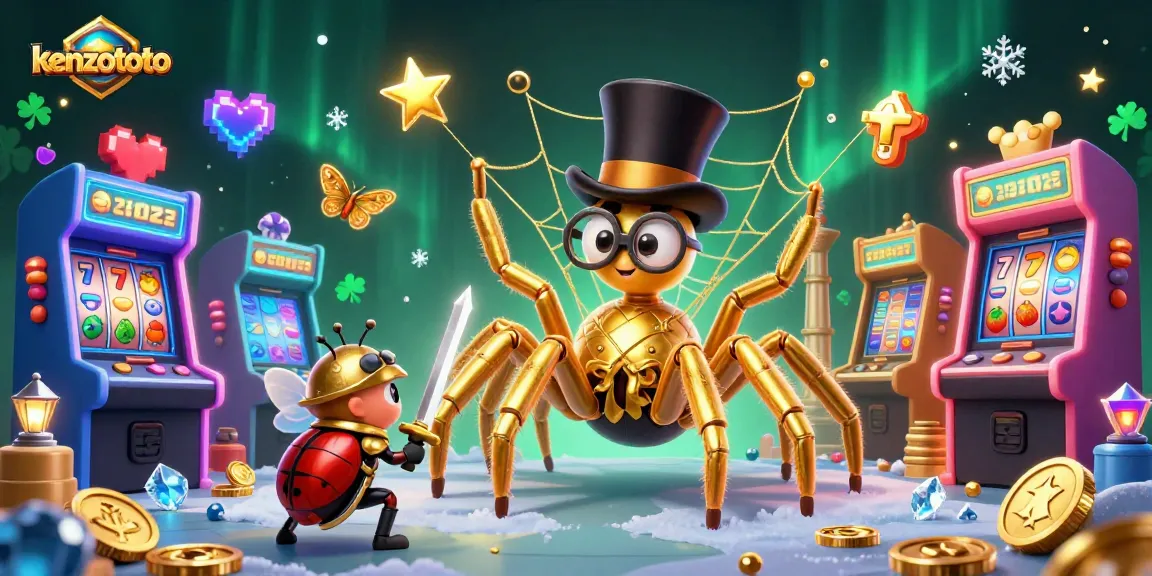 Experience thrilling wins at kenzototo in this vibrant casino scene with golden characters and game elements.
