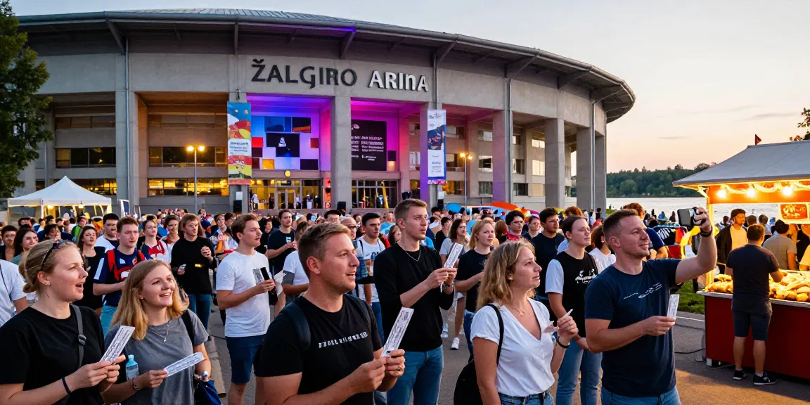 Diverse crowd in front of Žalgirio Arena for events, reflecting excitement at www.kurpramogauti.lt.