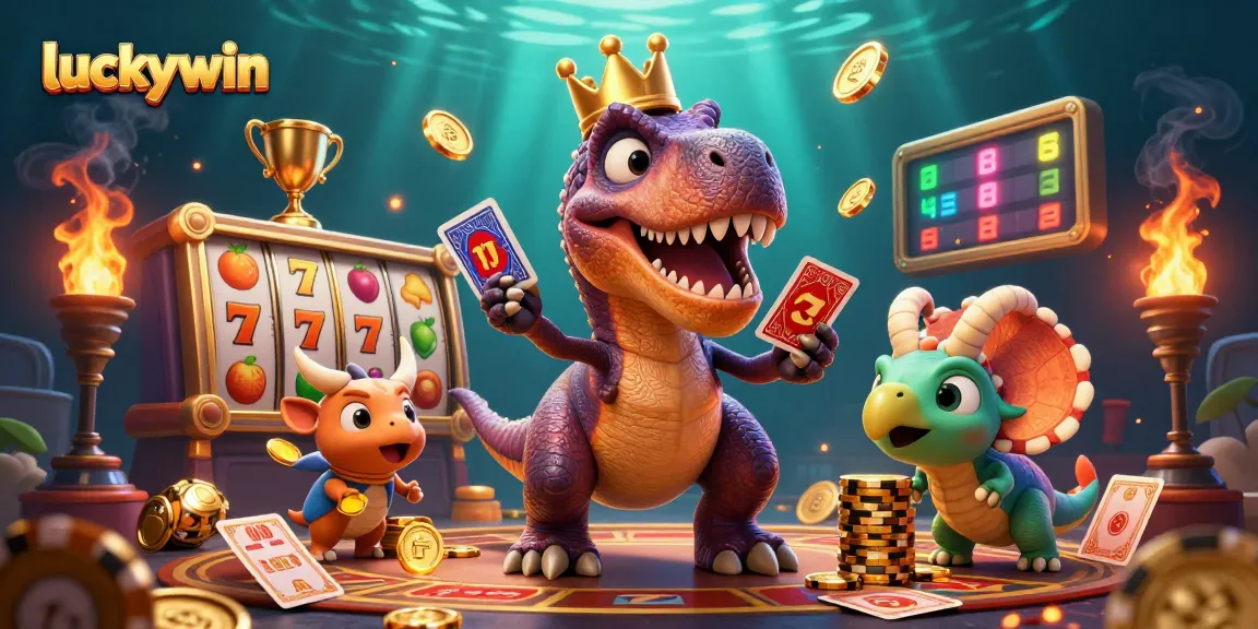 Experience the excitement of luckywin with a T-Rex shuffling cards in a dynamic casino scene filled with gold coins and jackpots.