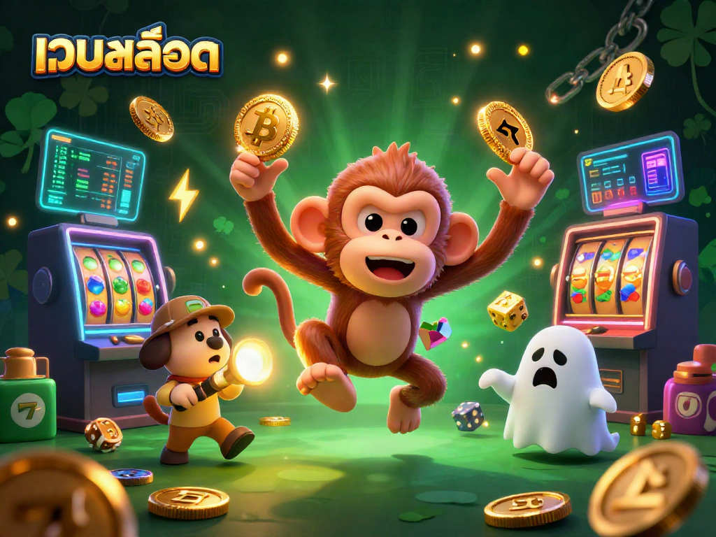 Engage in เว็บสล็อต fun with this enchanting scene of a poltergeist monkey juggling golden coins amidst slot machines.