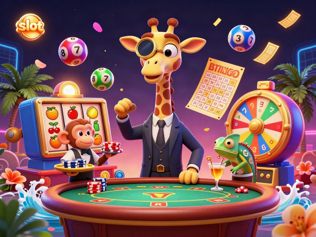 Experience thrilling slot vibes with a high-roller giraffe at a lavish casino scene, vibrant reels, and money effects.