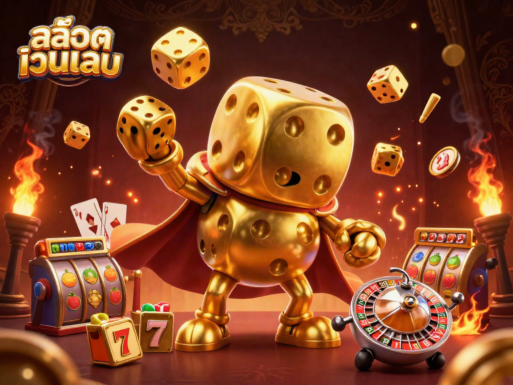Engage in สล็อตเว็บตรง with golden dice and captivating slot elements in an exciting casino scene.