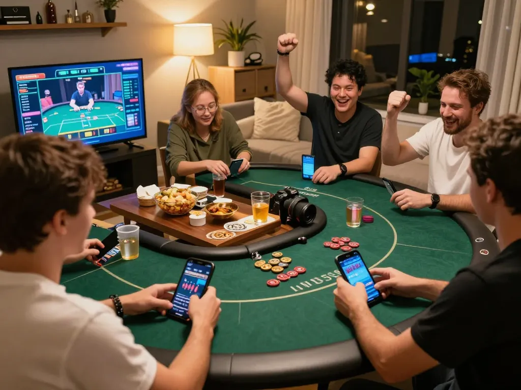 Enjoy the latest games and action at Jun88 with friends in a cozy poker night setup.