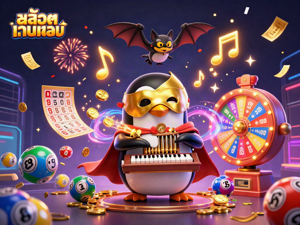 Experience thrilling gameplay with สล็อตเว็บตรง, as a penguin organist unleashes golden coins amidst dynamic lottery excitement.