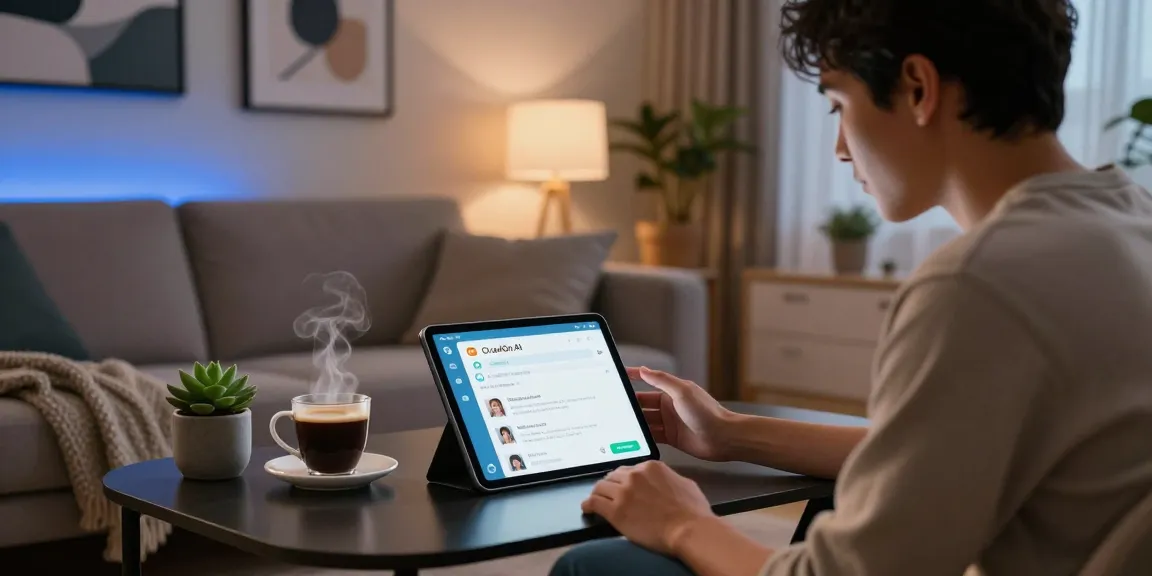 Interactive scene of CrushOn AI use in a cozy modern living space, highlighting user engagement with AI technology.