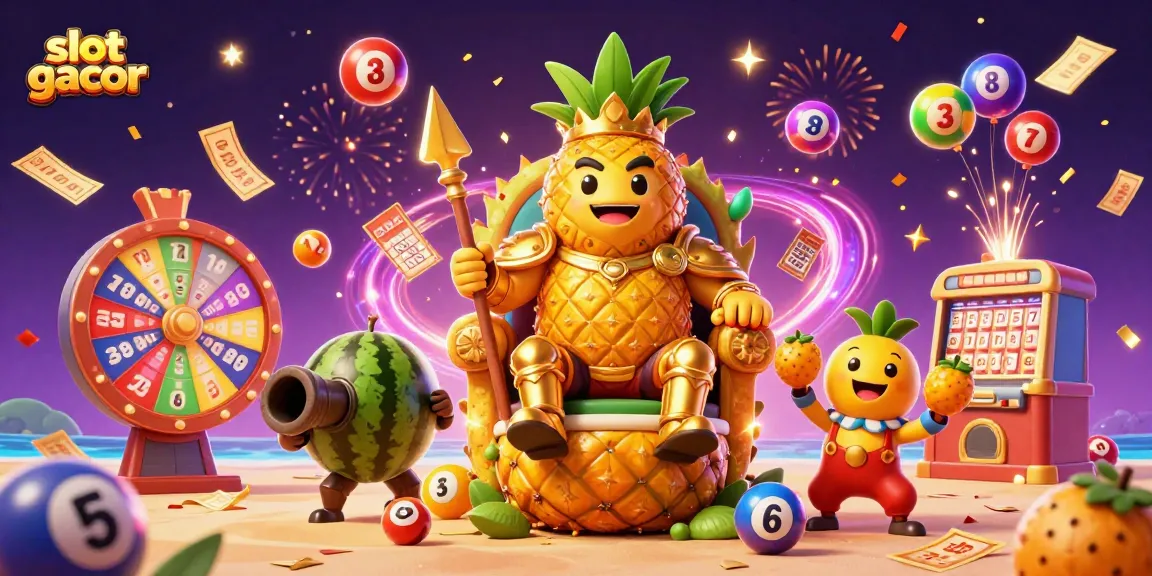 Slot gacor berpadu dengan raja nanas dan elemen kasino berwarna-warni untuk permainan yang menyenangkan.