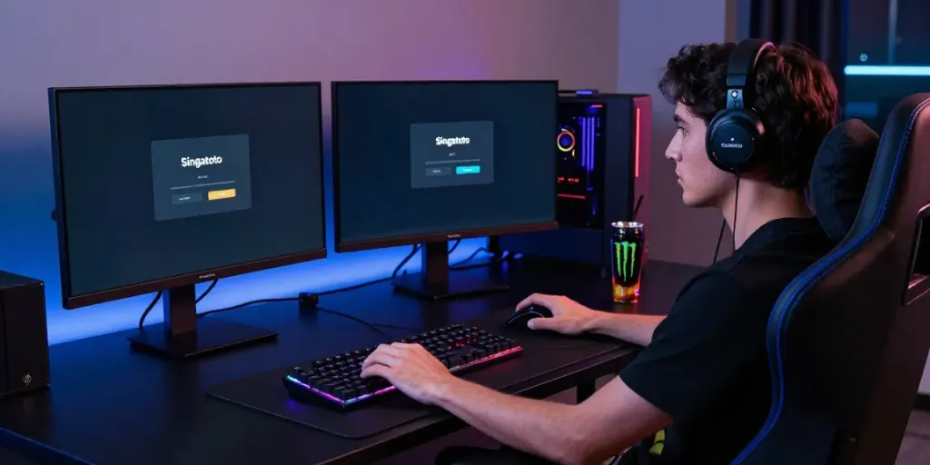 Gamer using the Singatoto login on a high-end gaming setup.