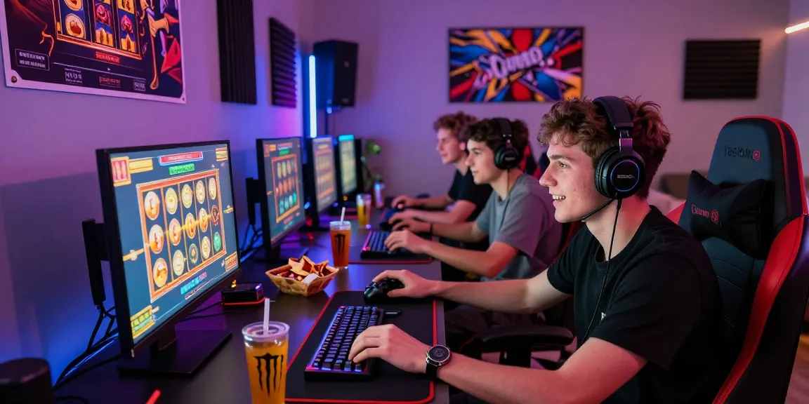 Friends enjoying tambakbet slot games with colorful graphics and snacks in a vibrant gaming room.