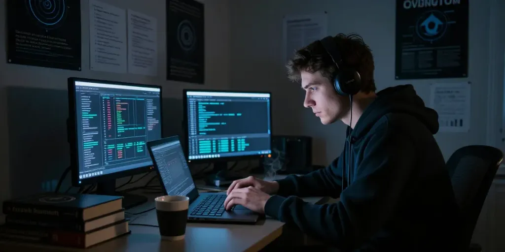 Individual studying the hidden wiki on a laptop in a dimly lit room filled with cybersecurity materials.