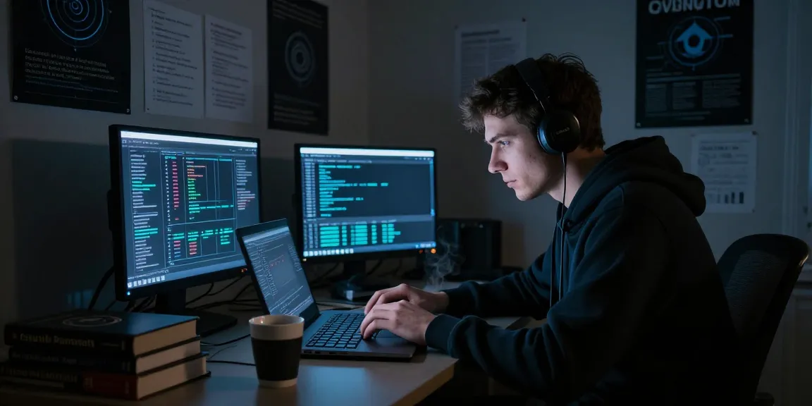 Individual studying the hidden wiki on a laptop in a dimly lit room filled with cybersecurity materials.