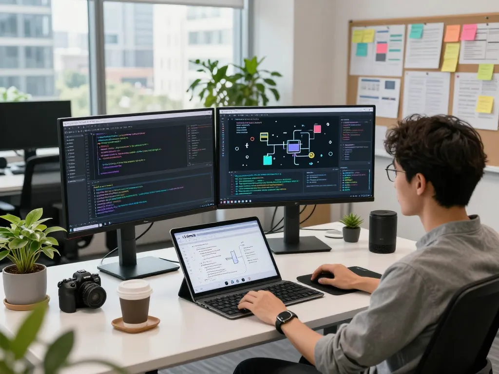 Dynamic workspace showcasing Clawbot interface on dual monitors, reflecting innovative AI development.