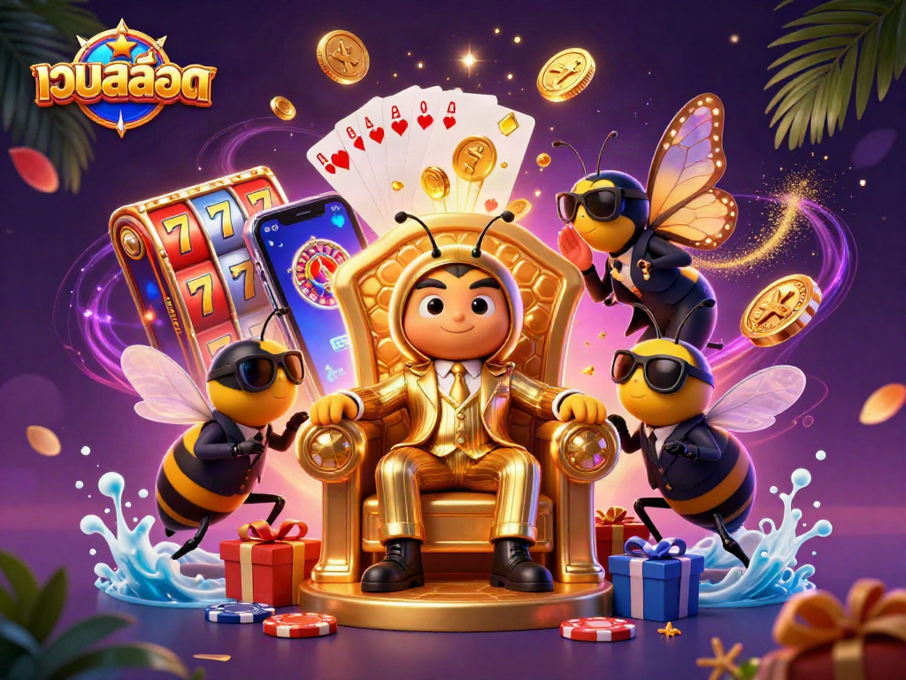 Experience the thrill of เว็บสล็อต in a vibrant 3D illustration featuring a bumblebee mob boss and casino elements.