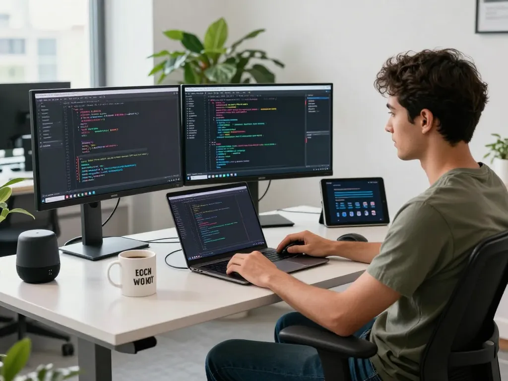 Software developer programming the clawbot in a modern workspace with multiple monitors and bright lighting