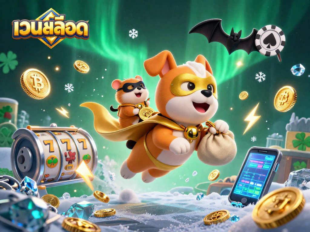 Engage in เว็บสล็อต action with a superhero dog flying, surrounded by dynamic gaming elements.