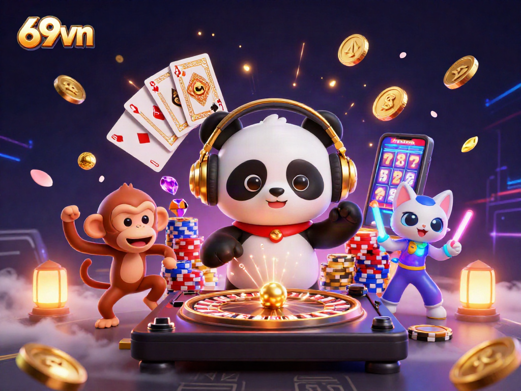 Experience the excitement of 69vn with a DJ panda and vibrant casino elements.