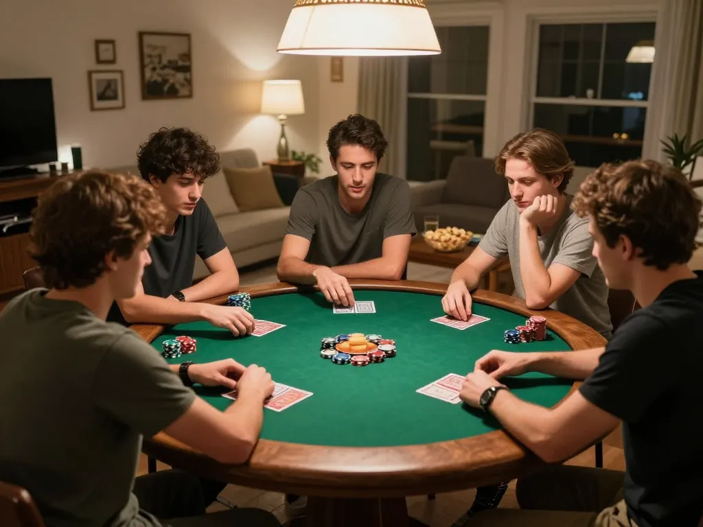 Teman-teman menikmati malam poker di rumah, menampilkan permainan toto togel yang mendebarkan dan kebersamaan.
