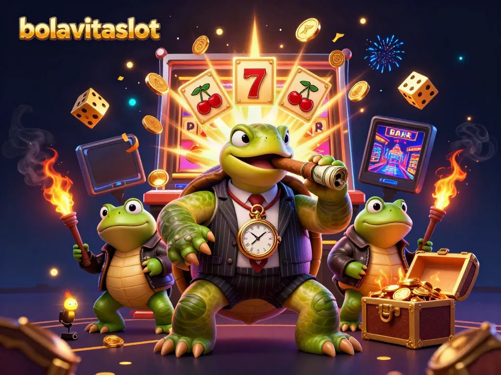 Experience bolavitaslot's thrilling jackpot with vibrant casino illustrations of a giant turtle and froggy enforcers.