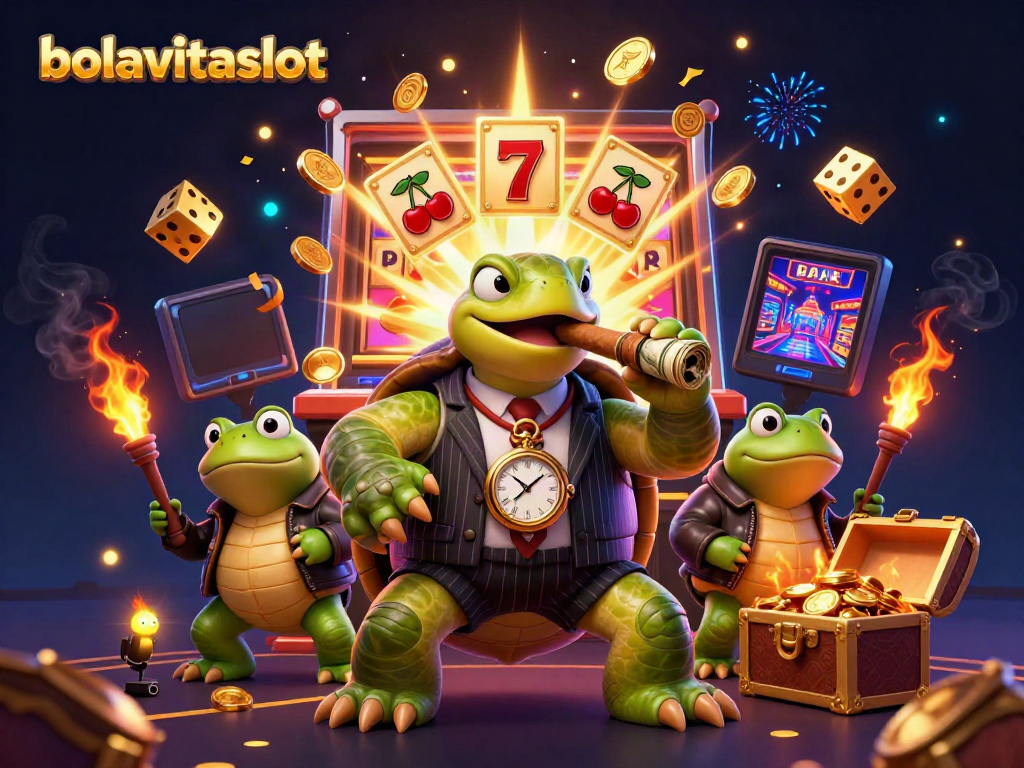 Experience bolavitaslot's thrilling jackpot with vibrant casino illustrations of a giant turtle and froggy enforcers.