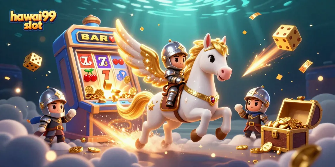 Experience hawai99 slot excitement with a whimsical scene of a celestial horse, jackpot, and colorful games.