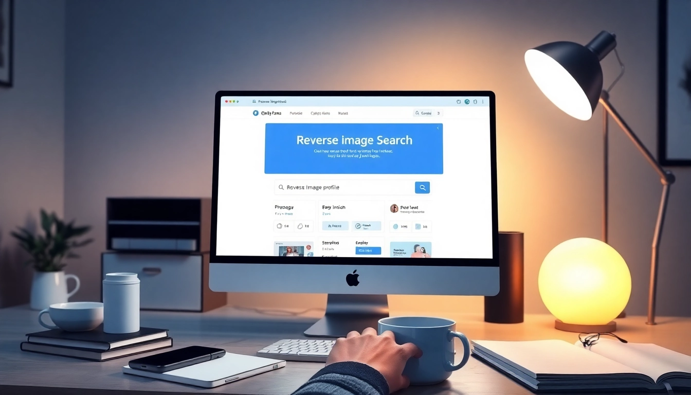 Reverse image search OnlyFans interface on a workspace computer screen, showcasing user-friendly design and tech elements.