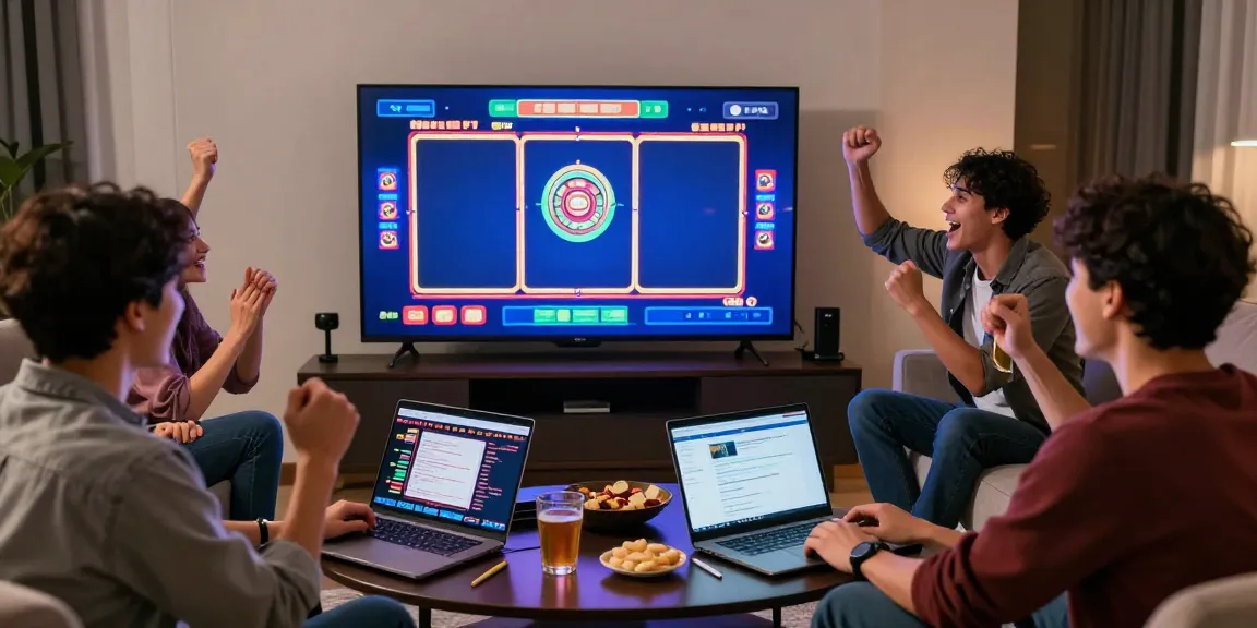 Friends enjoying akunjp online gambling experience in a cozy living room with excitement.