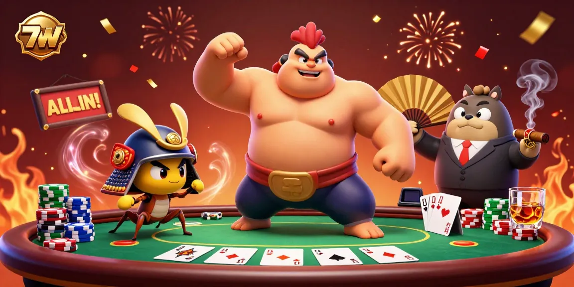 Engage with the vibrant 77W casino scene featuring a powerful sumo wrestler rooster and poker elements.