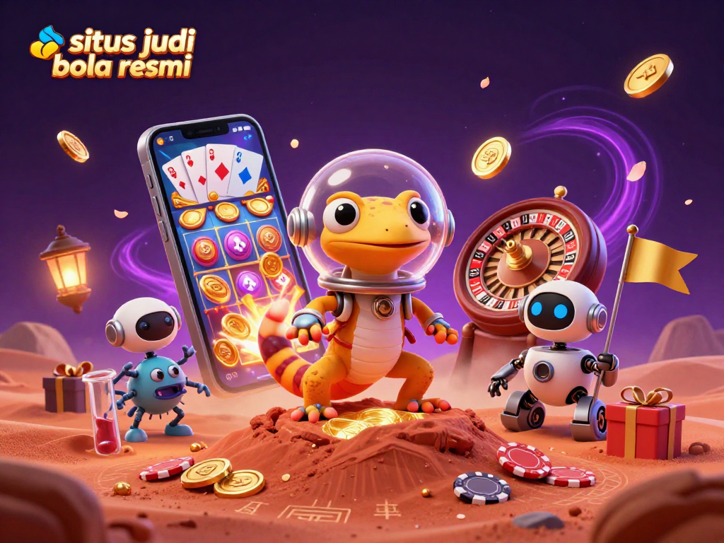 Engage in vibrant gaming action at situs judi bola resmi with animated gecko exploring a golden casino.