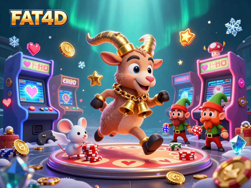 Engage with FAT4D through a whimsical casino scene blending festive elements and gaming excitement.