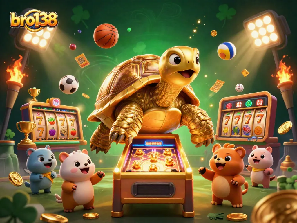 Experience thrilling gameplay at bro138 with spinning slot reels, vibrant elements, and a golden tortoise!