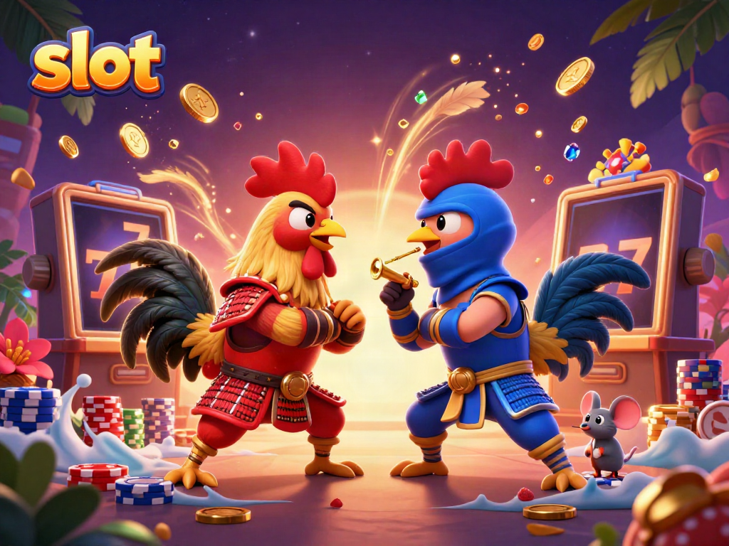Slot dengan ayam jantan bergaya, mesin slot, dan koin emas berhamburan.