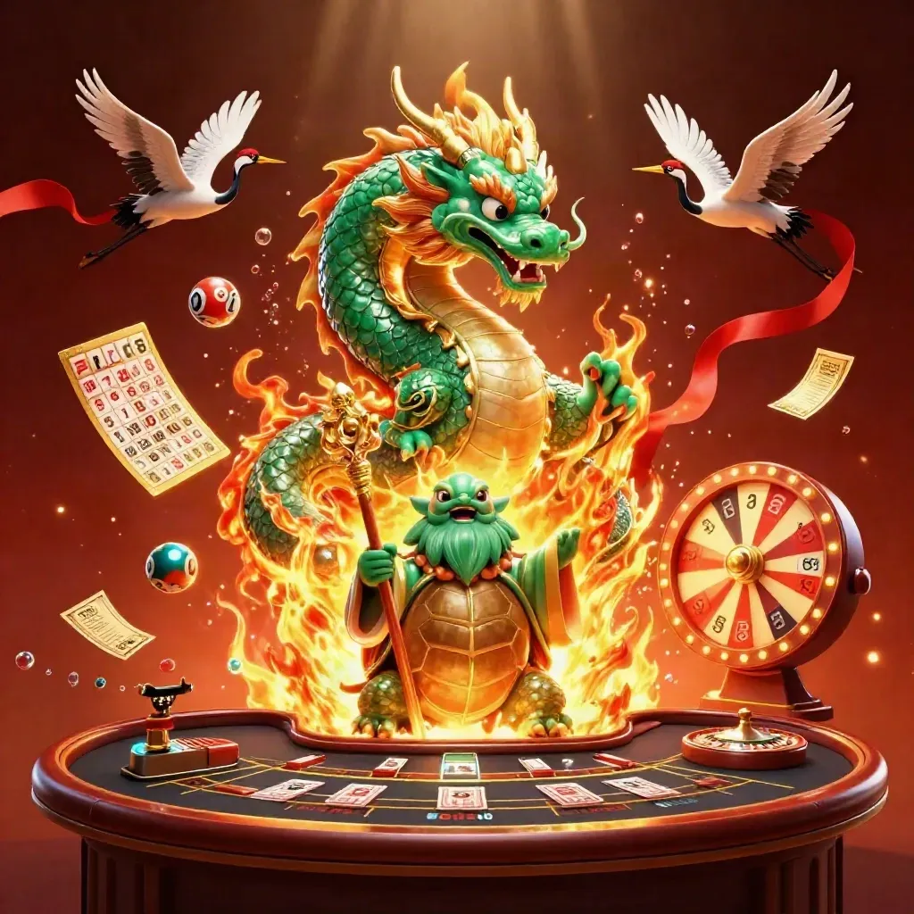Emerald dragon, turtle sage, and cranes burst around a roulette wheel in a glowing casino scene.