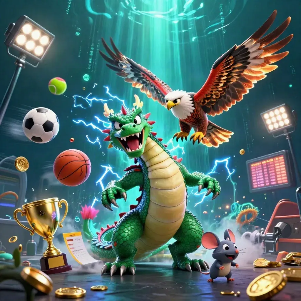 Thunder dragon, wind hawk, and static mouse amid flying balls, gold, and neon light