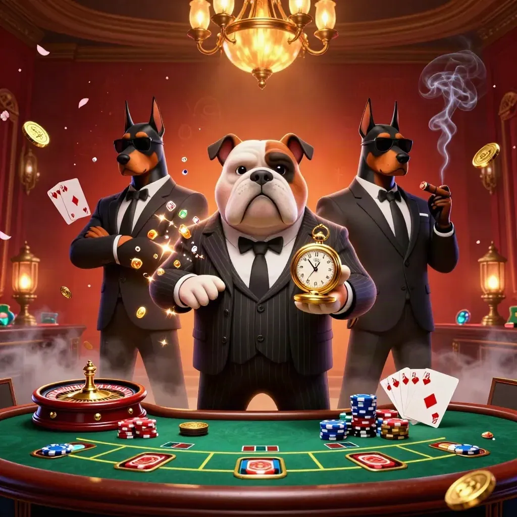 Bulldog boss and bodyguards amid roulette, chips, coins, gems, and luxe casino glow.