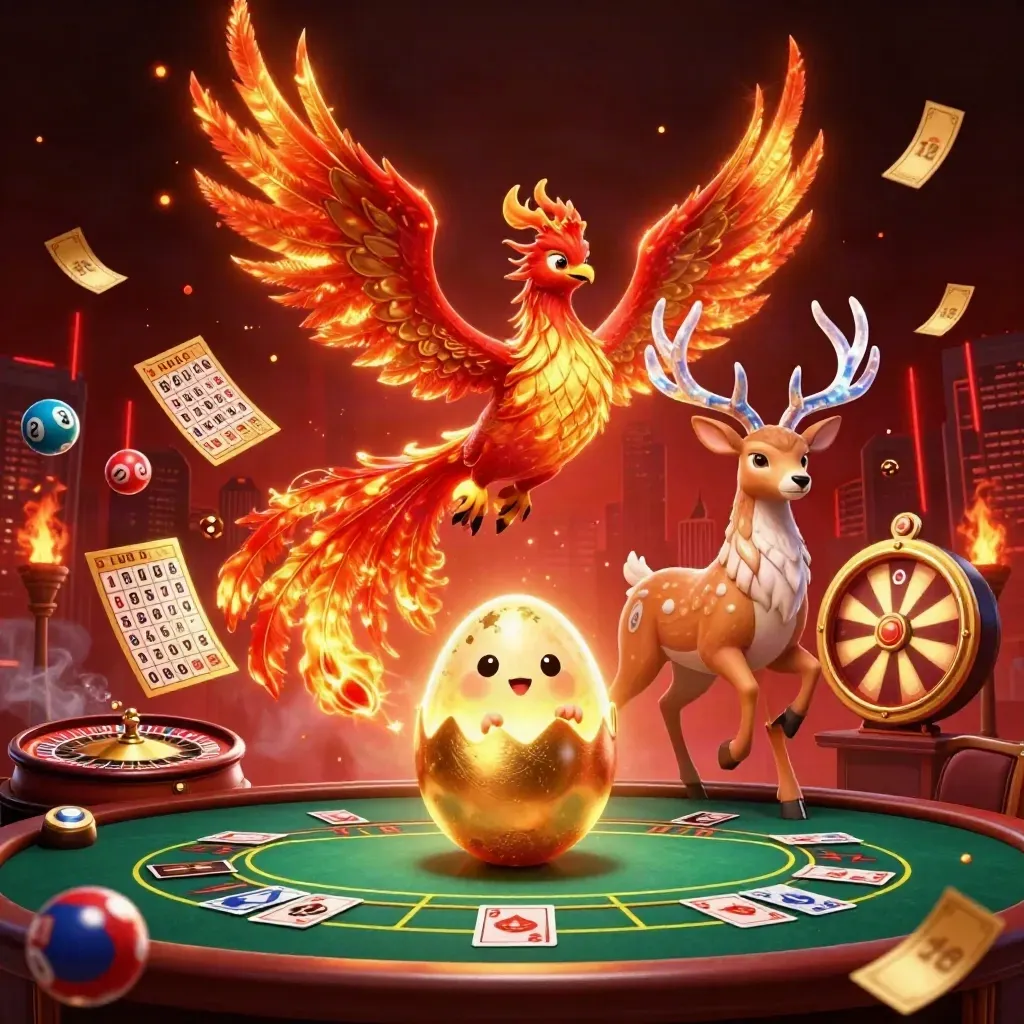Fire phoenix, hatching chick, and crystal stag amid casino lights, balls, tickets, and smoke
