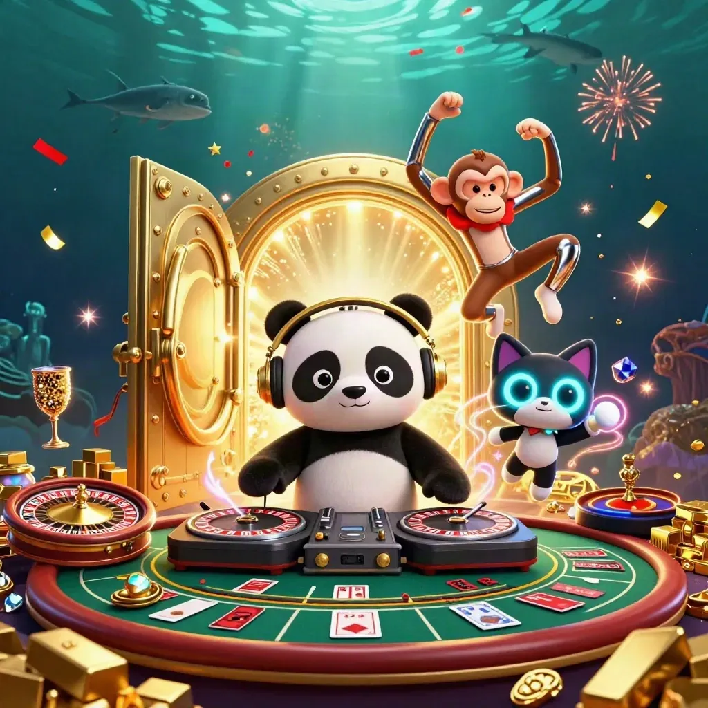 DJ panda, breakdancing monkey, and glow-stick kitten amid casino treasure and neon light