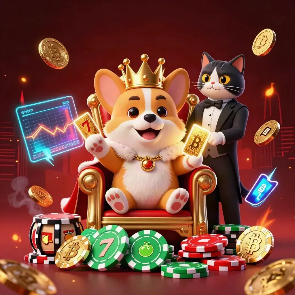 Crowned corgi and cat butler amid neon crypto casino effects and ember-lit poker-chip throne.