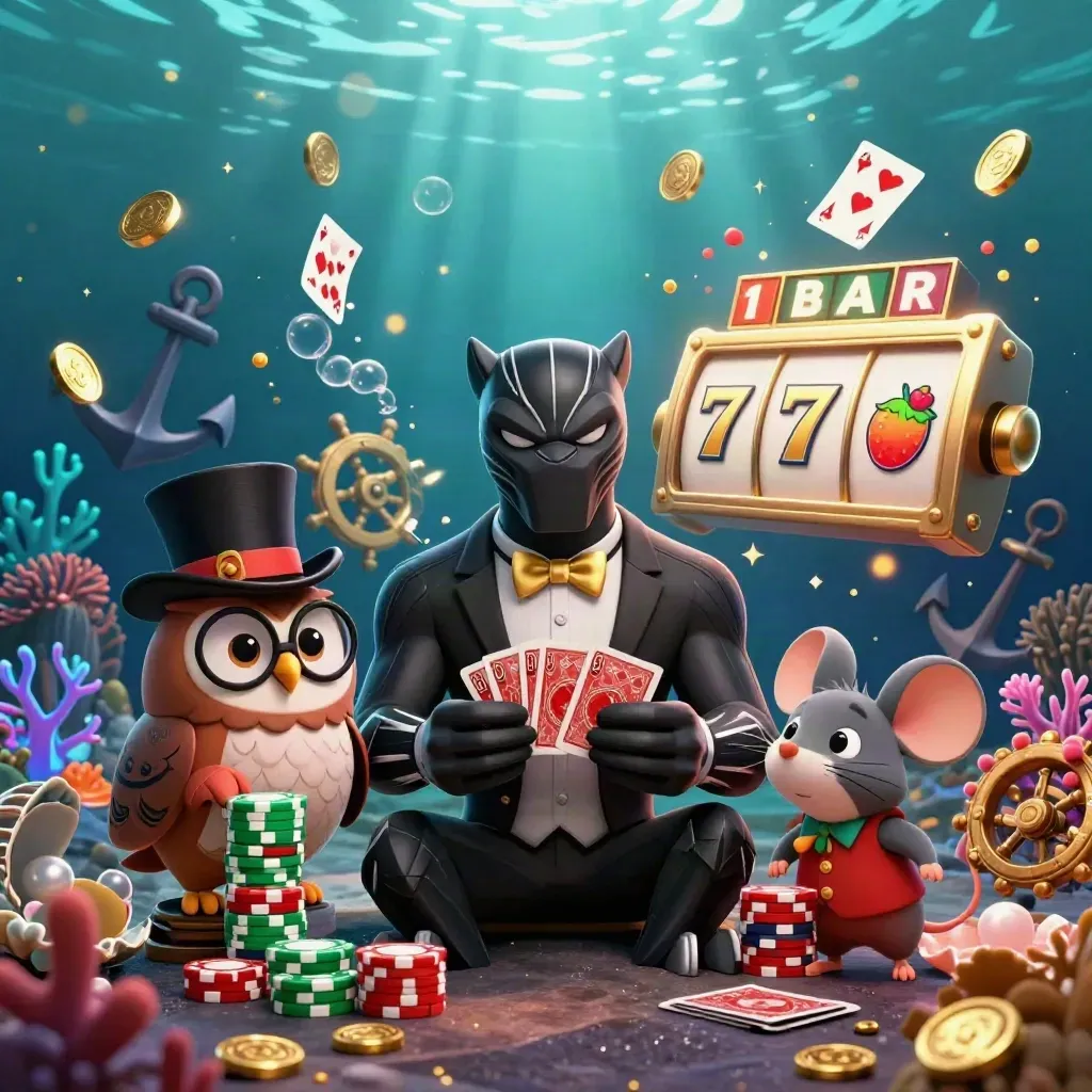 Panther dealer, owl gambler, and lucky mouse in a glowing underwater treasure cove with chips and cards.